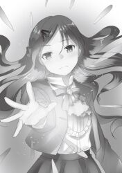 brown_hair closed_mouth disgust greyscale jacket long_hair looking_at_viewer magic monochrome open_clothes open_jacket red_eyes red_jacket school_uniform shinozaki_ayaka_(instant_death) shirt skirt sokushi_cheat_ga_saikyou_sugite_isekai_no_yatsura_ga_marude_aite_ni_naranai_n_desu_ga very_long_hair white_shirt