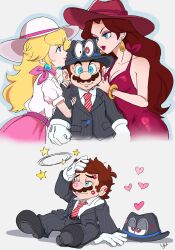 2boys 2girls after_kiss agua_mp arm_hug big_nose blonde_hair brown_hair cappy_(mario) formal_clothes girl_sandwich harem hat heart highres lipstick_mark lipstick_mark_on_ear lipstick_mark_on_face mario mario_(series) multiple_boys multiple_girls nintendo off_shoulder pauline_(mario) princess_peach sandwiched suit sun_hat super_mario_odyssey