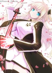 Rule 34 | 1girl, ahoge, black necktie, black thighhighs, blonde hair, blue eyes, breasts, closed mouth, dress, duel monster, furasuko (sea-gull-chop), hair ornament, highres, holding, holding sword, holding weapon, long hair, long sleeves, looking at viewer, medium breasts, necktie, red nails, sky striker ace - raye, solo, sword, thighhighs, weapon, white dress, wide sleeves, yu-gi-oh!