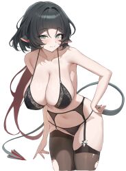 1girl absurdres animal_ears armpits bare_arms bare_shoulders black_bra black_hair black_panties blue_eyes bra breasts brown_thighhighs cleavage closed_mouth collarbone cone_(arca_live) cropped_legs garter_belt hand_on_own_hip highres jane_doe_(zenless_zone_zero) large_breasts long_hair looking_at_viewer low_ponytail mouse_ears mouse_tail multicolored_hair navel panties ponytail red_hair simple_background skindentation smile solo stomach string_bra string_panties tail thighhighs torn_clothes torn_thighhighs two-tone_hair underwear very_long_hair white_background zenless_zone_zero
