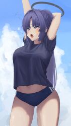 1girl absurdres arm_above_head arm_up arms_behind_head arms_up bad_id bad_pixiv_id bloomers blue_archive blue_shirt blue_sky breasts cloud cloudy_sky cowboy_shot halo highres hopuritan. large_breasts long_bangs long_hair midriff_peek open_mouth ponytail purple_eyes purple_hair shirt sky solo star_on_cheek thighs underwear yawning yuuka_(blue_archive) yuuka_(track)_(blue_archive)