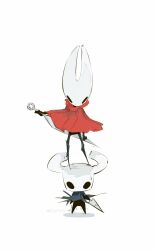 1girl 1other artist_name black_eyes cloak commentary english_commentary grey_cloak halftone highres hightguy holding holding_needle holding_weapon hollow_knight hornet_(hollow_knight) horns knight_(hollow_knight) motion_lines nail_(hollow_knight) needle red_cloak shadow small_sweatdrop standing standing_on_another&#039;s_head trembling weapon white_background