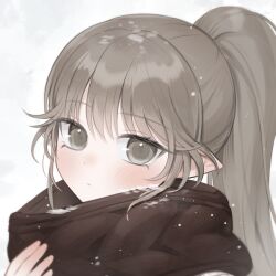 1girl baegbalbaegjung brown_hair brown_scarf commission grey_eyes high_ponytail highres light_blush long_hair looking_at_viewer original pointy_ears ponytail portrait scarf simple_background white_background