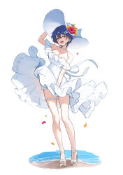 1girl absurdres alternate_costume ankle_strap arm_up bare_legs bare_shoulders belle_(zenless_zone_zero) bilingual_commentary bloomers blue_hair breasts clothes_lift collarbone commentary covering_crotch covering_privates dress dress_lift dress_tug earrings english_commentary falling_petals flower full_body green_eyes halterneck hands_on_headwear hat hat_flower highres jewelry legs looking_at_viewer mixed-language_commentary off-shoulder_dress off_shoulder open_mouth petals platform_sandals sand sandals short_hair short_sleeves simple_background smile solo spaghetti_strap standing teeth thigh_strap thighs underwear upper_teeth_only water white_background white_bloomers white_dress white_hat white_sandals wind wind_lift yuna_(deadawon) zenless_zone_zero