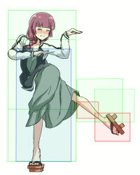 1girl ^_^ a.k.i._(street_fighter) black_jacket black_nails blunt_bangs blush bocchi_the_rock! bow closed_eyes closed_mouth dress fang fang_out fighting_game fingernails full_body geta green_bow green_dress hair_bow hair_over_shoulder hiroi_kikuri hitbox jacket leg_up long_hair long_sleeves low-braided_long_hair low-tied_long_hair medium_dress multicolored_jacket nail_polish nose_blush open_clothes open_jacket pink_hair simple_background smile solo split_mouth street_fighter toenail_polish toenails torako_(toramaru) twisted_torso twitter_username two-tone_jacket watermark white_background white_jacket