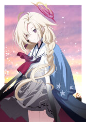 1girl ayame_(blue_archive) blonde_hair blue_archive blue_haori border eko expressionless halo haori heterochromia highres japanese_clothes long_hair official_alternate_eye_color official_alternate_halo_color robe_on_shoulders school_uniform serafuku solo white_border white_serafuku yellow_halo