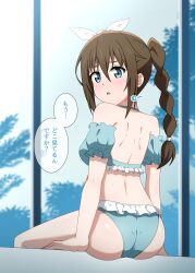 1girl absurdres ass back bikini blue_bikini blue_eyes blue_sleeves blurry blurry_background blush braid braided_ponytail brown_hair commentary d: detached_sleeves feet_out_of_frame frilled_bikini frilled_sleeves frills hair_between_eyes highres hoenn_(jgm1102) long_hair looking_at_another looking_at_viewer love_live! love_live!_nijigasaki_high_school_idol_club love_live!_nijigasaki_high_school_idol_club_the_movie_-_finale official_alternate_costume official_alternate_hairstyle open_mouth osaka_shizuku shoulder_blades sidelocks sitting solo speech_bubble swimsuit symbol-only_commentary translated