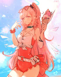 Rule 34 | 1girl, absurdres, ambriel (arknights), ambriel (holiday) (arknights), arknights, blue halo, breasts, cleavage, commentary, cowboy shot, dated, english commentary, eyewear on head, fingernails, food, frilled one-piece swimsuit, frills, halo, heart, heart-shaped eyewear, highres, holding, holding food, holding ice cream, ice cream, infection monitor (arknights), long hair, medium breasts, official alternate costume, one-piece swimsuit, pink eyes, pink hair, pppmepl, red one-piece swimsuit, solo, standing, swimsuit, tongue, tongue out, traditional halo, water, water drop, white halo
