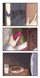 ... 1girl 3koma bed box cait_aron chocolate_chip_cookie christmas christmas_stocking comic commentary cookie english_commentary food gift gift_box indoors milk original plate pov pov_hands sleeping zzz