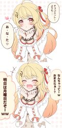 1girl absurdres ahoge blonde_hair blush brown_dress closed_eyes closed_mouth dress fortissimo hair_ornament hair_ribbon heart highres hololive jacket kentotto long_hair musical_note musical_note_hair_ornament open_mouth otonose_kanade otonose_kanade_(1st_costume) red_eyes red_ribbon ribbon smile solo virtual_youtuber white_jacket