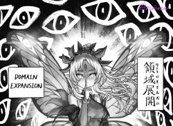 1girl breasts butterfly_girl butterfly_wings commentary commentary_request crossover domain_expansion emphasis_lines english_commentary facial_mark finger_to_mouth fire_emblem fire_emblem_heroes forehead_mark glint greyscale grimaisbestwaifu highres index_finger_raised insect_wings jujutsu_kaisen long_hair looking_at_viewer medium_breasts mixed-language_commentary monochrome nintendo plumeria_(fire_emblem) pointy_ears signature solo spot_color straight-on too_many_eyes translation_request wings