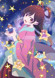 1boy 5girls black_hair blonde_hair blue_hair brown_hair chibi chinese_clothes highres hirayama_kanna kanojo_okarishimasu kinoshita_kazuya looking_at_viewer mizuhara_chizuru multiple_girls nanami_mami open_mouth pink_hair qixi_festival sakurasawa_sumi sarashina_ruka smile space star_(sky) tanabata yaemori_mini