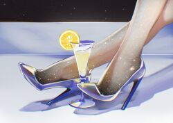 Rule 34 | 1girl, absurdres, blue shoes, commentary, crossed legs, cup, english commentary, feet, food, footwear focus, fruit, glass, gradient legwear, high heels, highres, kaneko lumi, legs, lemon, lemon slice, out of frame, pantyhose, phase connect, pupi (rain prophet), shadow, shoes, solo, stiletto heels, toe scrunch, virtual youtuber