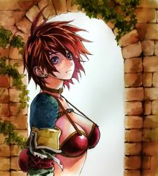 1girl ahoge bikini bikini_top_only breasts brown_eyes choker cleavage collar earrings female_focus hair_between_eyes highres jewelry medium_breasts midriff navel red_hair revya_(female) short_hair solo soul_cradle swimsuit upper_body
