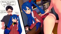 1boy 1girl 3d against_desk animated ass ass_shake bent_over blue_hair bottomless breasts brown_eyes clothed_female_nude_male doggystyle english_text fairy_tail hand_on_own_face height_difference hetero highres holding_hands huge_ass jiggle koikatsu_(medium) legs long_hair looking_back multiple_views naughty_face no_bra no_panties nude open_clothes open_mouth penis sex sex_from_behind sideboob skirt small_breasts smile thighs tongue twintails vaginal video wendy_marvell