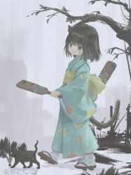1girl absurdres animal_ears black_cat black_eyes black_hair black_tail blue_kimono borrowed_character branch brown_footwear cat cat_ears cat_girl cat_tail child closed_mouth commentary_request facial_mark full_body geta hagoita highres holding japanese_clothes kimono long_sleeves looking_at_viewer mani_tamlyn medium_hair obi original outdoors paddle print_kimono sash shipi-chan smile solo tabi tail walking whisker_markings wide_sleeves