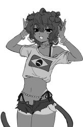 Rule 34 | 1boy, :d, absurdres, animal ear fluff, animal ears, arms up, baby animal, bare shoulders, brazilian flag, brazilian miku, brazilian miku (cosplay), character request, copyright request, cosplay, denim, denim shorts, dog, exposed pocket, flower, fuwafa, hair flower, hair ornament, hatsune miku, highres, monochrome, non-web source, open mouth, puppy, short hair, shorts, smile, solo, standing, tail, thighs, trap, virtual youtuber, vocaloid