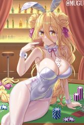 1girl animal_ears bar_stool between_breasts blonde_hair bracelet braid breasts card cleavage date_a_live dress hair_between_eyes hair_bun highres holding holding_card hoshimiya_mukuro huge_breasts indoors jewelry large_breasts legs leotard long_hair pink_ribbon playboy_bunny playing_card poker poker_chip poker_table rabbit_ears ribbon single_braid sleeveless sleeveless_dress smile stool table thick_thighs thighhighs thighs tsubasaki twitter_username very_long_hair white_dress white_thighhighs yellow_eyes