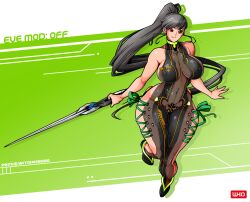 1girl artist_name bare_shoulders black_hair breasts collarbone eve_(stellar_blade) female_focus holding holding_sword holding_weapon large_breasts long_hair ponytail shiny_skin smile stellar_blade sword thick_thighs thighhighs thighs weapon witchking00