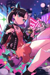 asymmetrical_bangs backpack bag black_choker black_hair black_jacket black_nails boots choker dress dusk_ball earrings galarian_form galarian_zigzagoon gen_8_pokemon green_eyes hair_ribbon highres jacket jewelry marnie_(pokemon) medium_hair morpeko morpeko_(hangry) nail_polish nintendo obstagoon open_clothes open_jacket pink_dress poke_ball pokemon pokemon_swsh rainys_bill ribbon thighs twintails