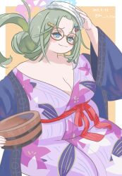 1girl absurdres blue_archive blue_eyes blue_haori blush breasts bucket cleavage glasses green_hair hair_bun hair_ornament hairclip halo hand_on_own_head haori highres japanese_clothes kimono large_breasts leaf_print leaf_print_kimono matsupuni meru_(blue_archive) meru_(hot_spring)_(blue_archive) messy_hair obi plump purple_kimono round_eyewear sash sitting smile solo towel towel_on_head yukata