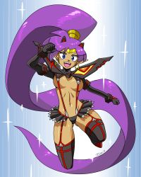 1girl breasts cosplay earrings female_focus highres jewelry john_joseco kill_la_kill purple_hair senketsu shantae shantae_(series) skirt solo thighhighs