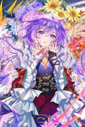 1girl arm_ribbon double_ok_sign falling_petals flower frilled_sleeves frills highres japanese_clothes kimono long_hair morikura_en obi ok_sign original parted_lips petals purple_eyes ribbon sash solo sunflower