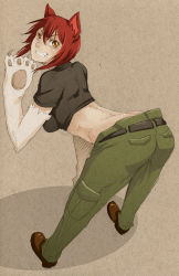 1girl animal_hands ass babydoll_t-shirt bad_deviantart_id bad_id bankage bent_over breasts butt_crack cargo_pants crop_top fang female_focus from_behind full_body gradient_background grin kaibutsu_oujo looking_back midriff pants red_hair riza_wildman shoes short_hair smile solo yellow_eyes