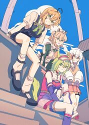 4girls absurdres addendium ahoge animal_ears apron ashton_marten_(vtuber) blonde_hair blue_overalls brown_hair chinchilla_ears chinchilla_girl chinchilla_tail dooby_(vtuber) dress elbow_gloves fake_wings gloves green_dress green_eyes green_hair hair_between_eyes hat highres hyuni_(character) indie_virtual_youtuber jerboa_tail long_sleeves looking_at_viewer loose_socks multicolored_hair multiple_girls nimi_nightmare nurse_cap one_side_up overalls owl_ears owl_girl pink_eyes pink_hair pinstripe_overalls pleated_skirt roller_skates see-through_clothes see-through_skirt shirt short_hair sitting skates skirt sleeves_past_fingers sleeves_past_wrists smile socks sweater_vest tapir_ears tapir_girl virtual_youtuber visor_cap white_apron white_hair white_shirt white_socks wings