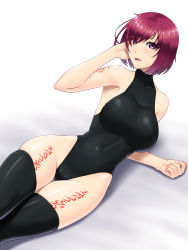 1girl abu black_leotard black_thighhighs breasts heattech_leotard highleg highleg_leotard highres large_breasts leotard looking_at_viewer nel_zelpher open_mouth purple_eyes red_hair short_hair star_ocean star_ocean_till_the_end_of_time tattoo thighhighs turtleneck