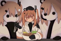 1girl 2others a.i._voice adachi_rei black_gloves black_mittens black_shirt blank_room_soup bowl character_costume chicken_(food) chopsticks eating food fried_chicken gloves hair_ribbon hand_on_another&#039;s_head hand_on_another&#039;s_shoulder hand_up headlamp highres holding holding_chopsticks hood hood_down hooded_jacket jacket long_sleeves looking_at_viewer mittens multiple_others nasi_(na_si) one_side_up open_clothes open_jacket orange_eyes orange_hair radio_antenna ribbon shirt steam turtleneck upper_body utau white_jacket white_ribbon