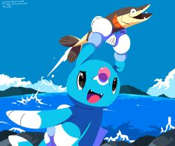 animal_focus arrokuda artist_name bad_tag brionne evolution fish gen_7_pokemon gen_8_pokemon highres nintendo no_humans pink_pupils playing pokemon pokemon_(creature) pokemon_focus sea_lion seal_(animal) sleepy_sealion snout splashing
