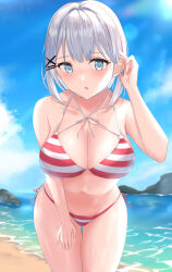 1girl aqua_eyes bare_shoulders bent_over bikini blue_sky blush breasts cleavage cloud collarbone grey_hair hair_ornament hand_on_own_thigh large_breasts leaning_forward navel official_alternate_costume official_alternate_hairstyle open_mouth pokupo_fujiwara side-tie_bikini_bottom siesta_(tantei_wa_mou_shindeiru) sky solo stomach swimsuit tantei_wa_mou_shindeiru wet white_hair