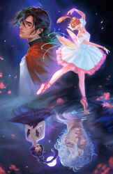 2boys 2girls ahiru_(princess_tutu) ahoge ballerina ballet ballet_slippers bare_shoulders black_hair bracelet breasts closed_eyes crab-milk crown dancing dress en_pointe fakir_(princess_tutu) footwear_ribbon highres jewelry long_hair multiple_boys multiple_girls mytho_(princess_tutu) necklace orange_hair painterly pantyhose ponytail princess_kraehe princess_tutu princess_tutu_(character) realistic rue_(princess_tutu) short_hair smile tutu white_hair yellow_eyes