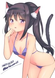 1girl :p absurdres akemi_homura animal_ear_fluff animal_ears bikini black_hair breasts cat_ears cat_tail dated hachusan111 hand_up high_ponytail highres leaning_forward looking_at_viewer mahou_shoujo_madoka_magica mahou_shoujo_madoka_magica_(anime) navel paw_pose ponytail purple_bikini purple_eyes simple_background small_breasts solo stomach swimsuit tail tongue tongue_out twitter_username white_background