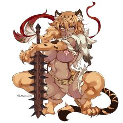 1girl animal_ear_fluff animal_ears animal_hands blonde_hair blush breasts closed_mouth club club_(weapon) commentary_request dark-skinned_female dark_skin full_body hair_between_eyes large_breasts long_hair looking_at_viewer monster_girl_encyclopedia mr-poritan navel nipples nude ocelomeh_(monster_girl_encyclopedia) pussy simple_background smile solo spiked_club squatting suspenders tail tiger_ears tiger_girl tiger_tail uncensored weapon white_background yellow_eyes