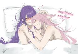 2girls animal_ears breasts choryu_ofteyvat cleavage closed_mouth commentary dated english_commentary fox_ears genshin_impact hand_on_another&#039;s_head happy_birthday heart highres large_breasts lipstick_mark lipstick_mark_on_breast lipstick_mark_on_face lipstick_mark_on_neck long_hair multiple_girls nude open_mouth pillow pink_hair purple_eyes raiden_shogun smile under_covers upper_body yae_miko yuri