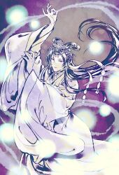 Rule 34 | androgynous, character request, chinese clothes, eyeshadow, facial mark, floating hair, forehead mark, gender request, hair rings, hanfu, huadian, kusuriya no hitorigoto, long hair, makeup, nekokurage (gen&#039;eikai tsuushin), purple theme, red eyeshadow, solo, zhijupao
