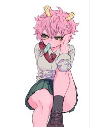 Rule 34 | 1girl, ashido mina, black sclera, boku no hero academia, breasts, collared shirt, colored sclera, colored skin, food, food in mouth, highres, horns, large breasts, long sleeves, looking at viewer, melting popsicle, necktie, pink hair, pink skin, pleated skirt, popsicle, popsicle in mouth, red necktie, school uniform, shirt, shoes, short hair, simple background, skirt, socks, solo, thighs, u.a. school uniform, ughama, white background, white shirt, yellow eyes