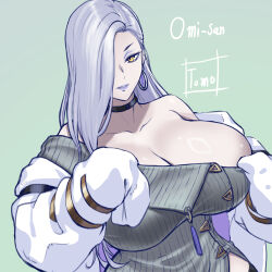 Rule 34 | 1girl, artist name, bare shoulders, blue eyeshadow, blue lips, breasts, character name, choker, cleavage, commentary, dress, dutch angle, earrings, eyeliner, eyeshadow, fate/grand order, fate (series), green background, grey dress, grey eyeliner, hair over one eye, hair over shoulder, highres, hoop earrings, huge breasts, jacket, jewelry, long hair, looking at viewer, makeup, off shoulder, mrs. snake (fate), pale skin, parted lips, ribbed dress, slit pupils, solo, sweater, sweater dress, tassel, tomo eokaiteru, white hair, white jacket, yellow eyes