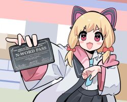 1girl :3 animal_ear_headphones animal_ears aqua_necktie black_skirt blonde_hair blue_archive blush blush_stickers cat_ear_headphones collared_shirt english_text fake_animal_ears headphones highres holding jacket long_sleeves looking_at_viewer meme momoi_(blue_archive) n-word_pass necktie open_clothes open_jacket open_mouth pleated_skirt racist_momoi_(meme) red_eyes school_uniform shirt skirt solo standing twintails v-shaped_eyebrows white_jacket white_shirt zehehe69