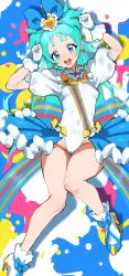 1girl aqua_eyes aqua_hair arms_up breasts clenched_hand collared_leotard colorful_background commentary_request covered_navel earrings foot_out_of_frame from_above gloves hair_ribbon hands_up heart heart_in_eye high_heels highres jewelry leotard long_hair looking_at_viewer lying magical_girl mo_(boo1719501boo) on_back open_mouth princess_ripple princession_orchestra print_leotard puffy_sleeves ribbon shoes showgirl_skirt small_breasts solo sorano_minamo symbol_in_eye teeth thighs two_side_up upper_teeth_only water_skirt white_gloves white_leotard white_shoes