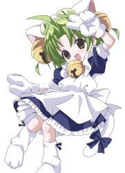 1girl :d ahoge animal_ears animal_hat apron arm_up back_bow bell blue_bow blue_dress blue_ribbon bow cat_ears cat_girl cat_hat cat_tail commentary_request dejiko di_gi_charat dress fang foot_out_of_frame footwear_ribbon fujiwara_tatsuroo gloves green_eyes green_hair hair_bell hair_ornament hand_on_own_head hat highres jingle_bell looking_at_viewer neck_bell open_mouth parted_bangs paw_shoes petticoat puffy_short_sleeves puffy_sleeves ribbon short_hair short_sleeves simple_background smile solo tail tail_bow tail_ornament two_side_up v v-shaped_eyebrows white_apron white_background white_bow white_footwear white_gloves white_hat white_tail