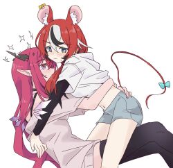 2girls animal_ears black_hair black_thighhighs blue_eyes blue_shorts blush bra_strap closed_mouth cross-shaped_pupils ear_blush earrings energy_wings hakos_baelz halo hand_on_another&#039;s_waist hololive hololive_english hood hoodie horns irys_(hololive) jewelry layered_sleeves long_hair long_sleeves mouse_ears mouse_girl mouse_tail multicolored_hair multiple_girls off-shoulder_shirt off_shoulder pink_eyes pink_hair pink_shirt pointy_ears ramphastostella red_hair shirt short_over_long_sleeves short_sleeves shorts simple_background streaked_hair sweatdrop symbol-shaped_pupils tail thighhighs virtual_youtuber white_background white_hair white_hoodie yuri