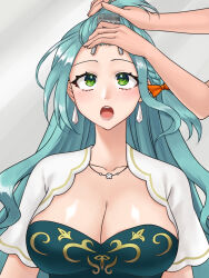 1girl aqua_hair bow braid breasts brushing_another&#039;s_hair brushing_hair chloe_(fire_emblem) cleavage commission earrings fire_emblem fire_emblem_engage fire_emblem_heroes green_eyes hazuki_(nyorosuke) highres jewelry large_breasts nintendo open_mouth orange_bow side_braid solo_focus teardrop_earrings vgen_commission