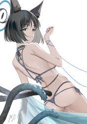 1girl absurdres animal_ears ass bikini black_eyes black_hair black_nails blue_archive blue_bikini cat_ears cat_girl cat_tail closed_mouth from_behind halo highres kikyou_(blue_archive) kikyou_(swimsuit)_(blue_archive) looking_at_viewer meltykiss0316 micro_bikini multiple_tails official_alternate_costume parted_bangs short_hair smile solo swimsuit tail two_tails
