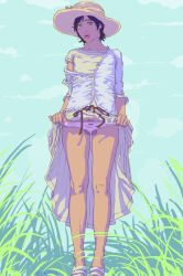 1boy bare_legs blue_dress blue_eyes brown_hair clothes_lift dress grass hat lips outdoors panties penis_in_panties pink_panties red_lips sandals seductive_gaze shirt short_hair skirt skirt_lift sun_hat sundress t-shirt testicle_slip trap underwear white_shirt