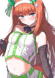 1girl absurdres bare_shoulders black_gloves blue_choker blue_eyes blunt_bangs blush choker closed_mouth cropped_shirt ear_covers elbow_gloves gloves highres horse_girl itosu200 long_hair looking_at_viewer orange_hair shirt short_shorts shorts sidelocks silence_suzuka_(umamusume) sleeveless sleeveless_shirt solo umamusume white_shirt white_shorts
