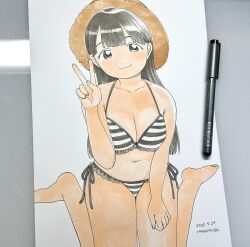 Rule 34 | 1girl, art tools in frame, artist name, bare shoulders, barefoot, bikini, black eyes, black hair, blunt bangs, breasts, cleavage, closed mouth, collarbone, dated, double-parted bangs, drawing (object), dutch angle, hat, highres, large breasts, long hair, marker (medium), nagomurasan, navel, original, photo (medium), side-tie bikini bottom, signature, sitting, smile, solo, straw hat, striped bikini, striped clothes, swimsuit, traditional media, v, wariza