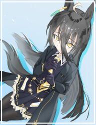 1girl adjusting_clothes adjusting_necktie animal_ears belt black_belt black_gloves black_pantyhose black_shirt black_skirt collared_shirt ear_tag earrings frilled_skirt frills gentil_uma_suki gloves grey_hair hair_between_eyes hands_up highres horse_ears horse_girl horse_tail jewelry long_hair long_hair_between_eyes looking_at_viewer manhattan_cafe_(umamusume) necktie pantyhose pleated_skirt shirt single_earring skirt solo tail umamusume very_long_hair yellow_necktie
